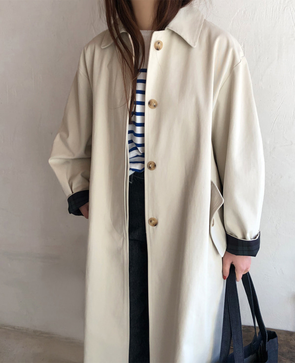 번디 체크 배색 트렌치 coat (크림)- 무료배송