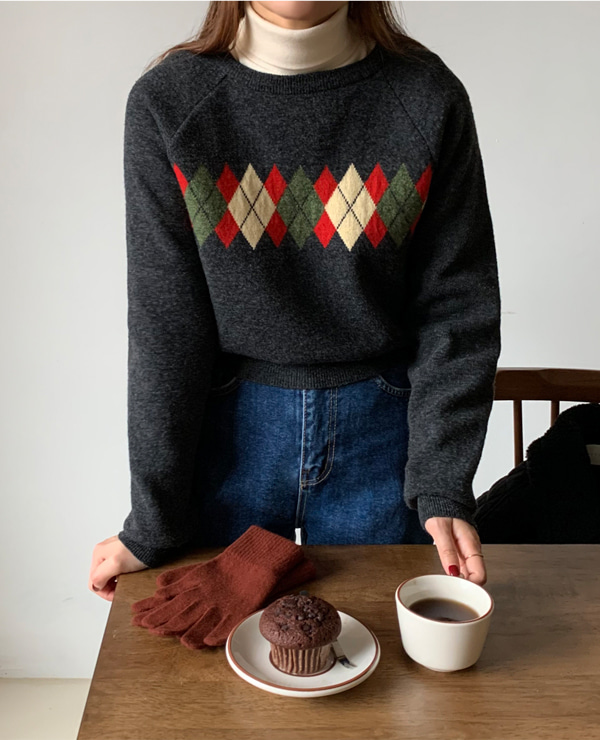 피즈 아가일 knit (차콜/네이비)