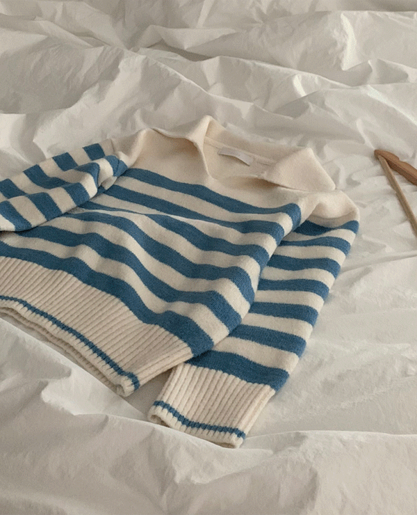 하요이 카라 스트라이프 knit (카멜베이지/블루)